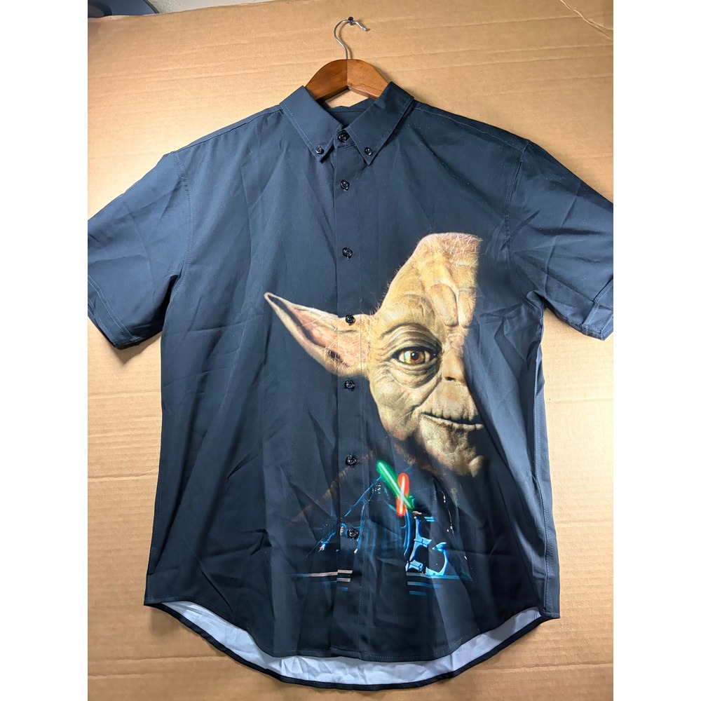 RSVLTS Star Wars Shirt Mens Medium Black Yoda KUNUFLEX Short Sleeve Button Down